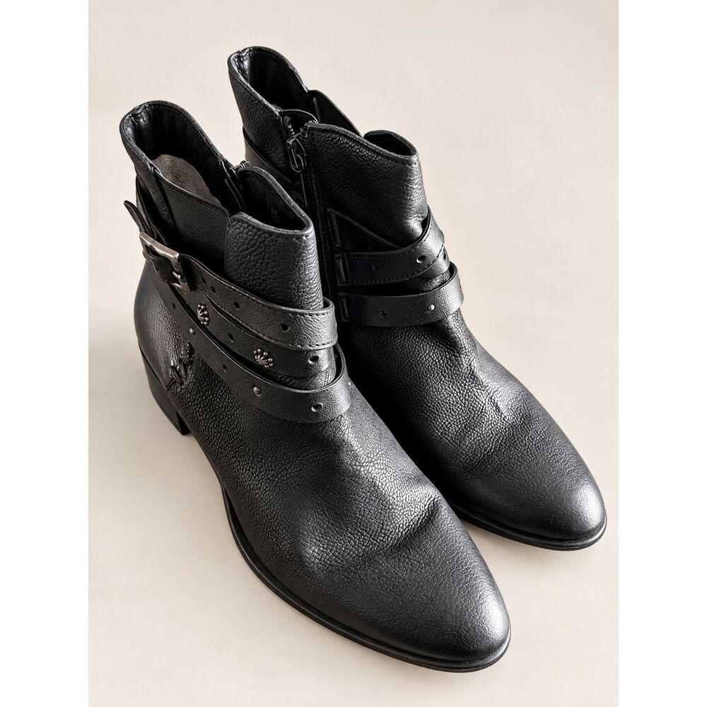 Miz Mooz Kerry Black Leather Ankle Boots 40 Moto Western Studded Buckle